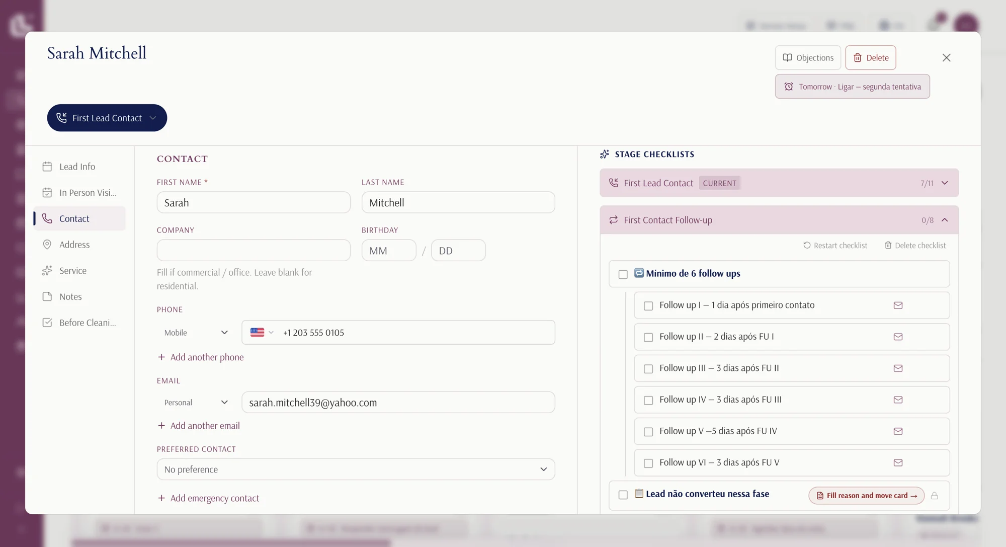 A lead's card in LanexPro: contact details on the left and, on the right, the Stage Checklists with each follow-up and its ready message.