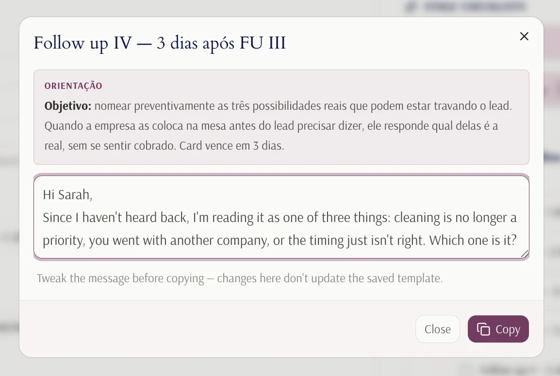 A follow-up message popup in LanexPro: the method's guidance and the ready-to-copy text to send.