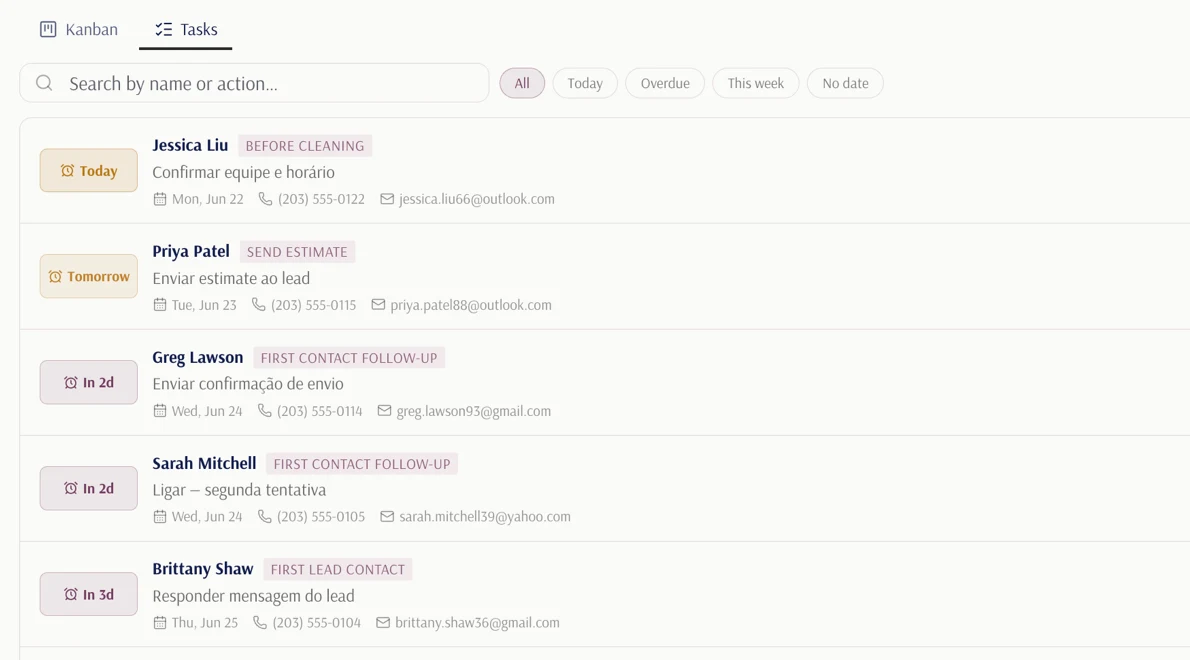 The pipeline task list in LanexPro: filters (All, Today, Overdue, This week) and every next step already a task, each with its stage and action.